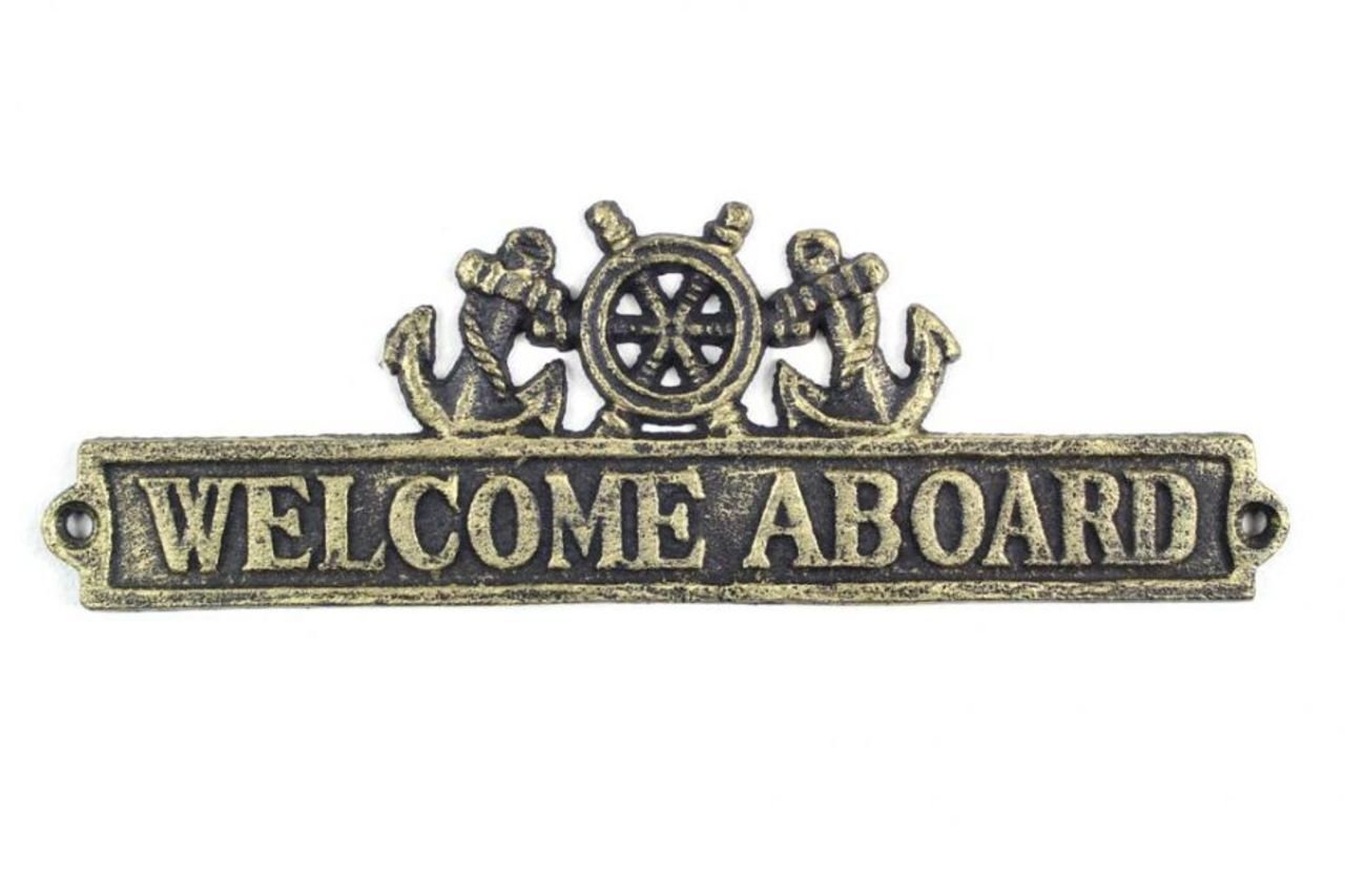 Hampton Nautical Antique Gold Cast Iron Ship Wheel and Anchors 12"-Nautical Home Decor Welcome Aboard Sign, 9"