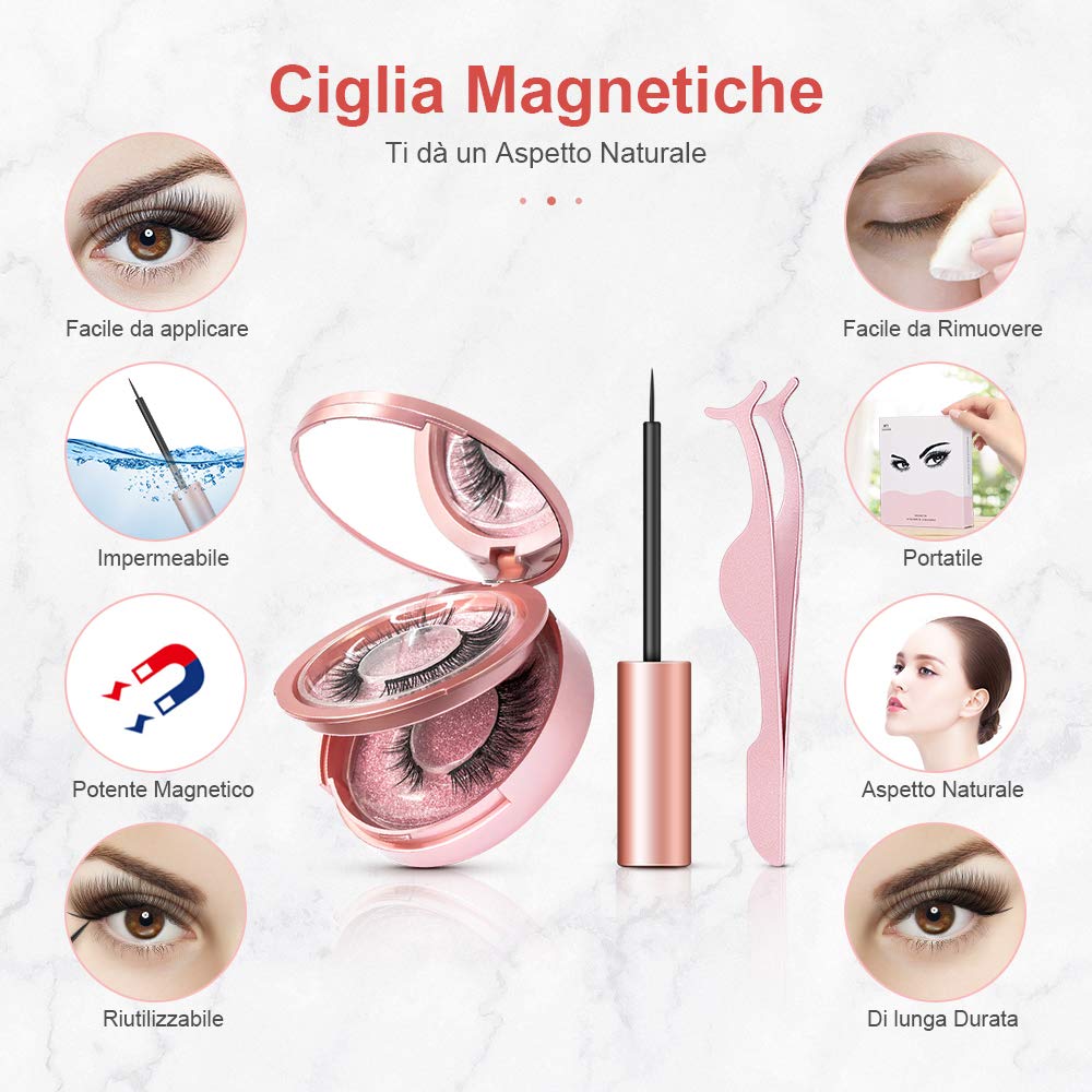 Ciglia Magnetiche, eroaddict Ciglia finte 3D naturali con 5 eyeliner magnetici Kit di pinzette esagerate impermeabili per ciglia finte, Nessuna colla necessaria riutilizzabile （2 paia）