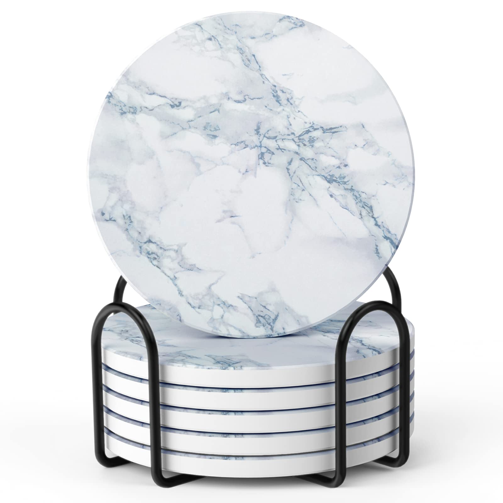 LIFVER Coasters Set of 6 - White Marble Style Ceramic Round Coasters with Cork Base and Holder for Women Men for Various Cups, Tables & Home Decor - 4 ''