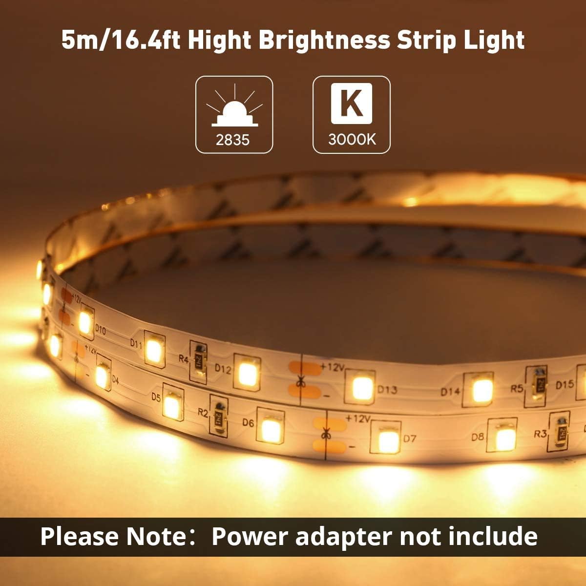 Lepro Warm White LED Strip Lights 5M (No Plug, Striplight Only), 300 LEDs, 2300lm, 3000K - Image 3