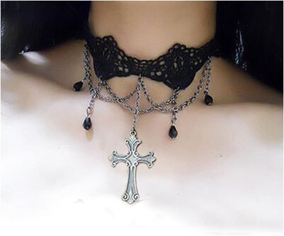 3GARDEN COS Gothic Lolita Bow Bells Velvet Ribbon Lace Necklace Choker: Jewelry