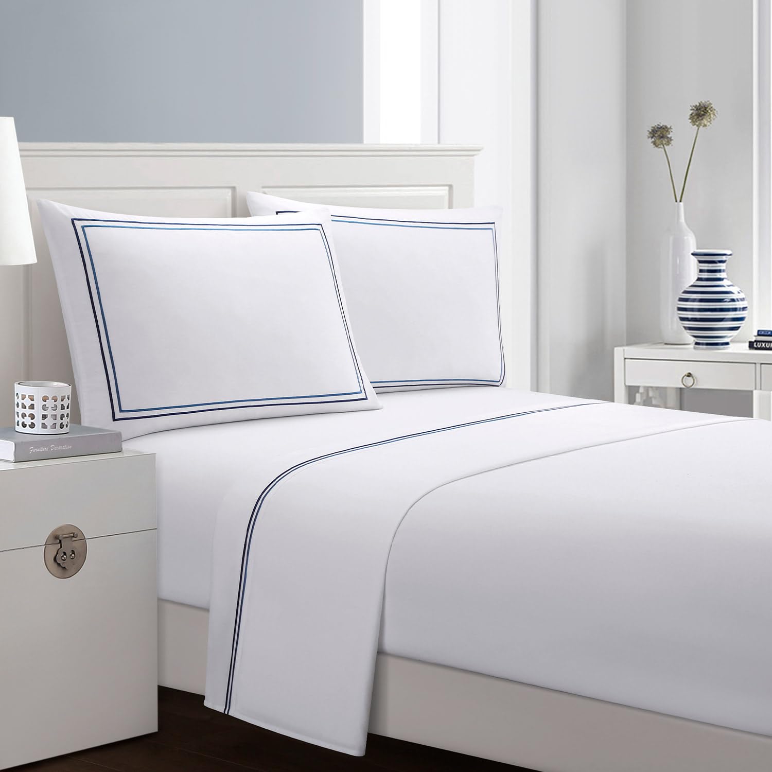 OSVINO King Sheet Set 3/4Pcs Hotel Luxury Bed Sheet Blue Line Embroidery Ultra Soft Microfiber Flat Sheet with 14”(35cm) Deep Pocket Breathable Wrinkle Free Fitted Sheet Pillowcases Set