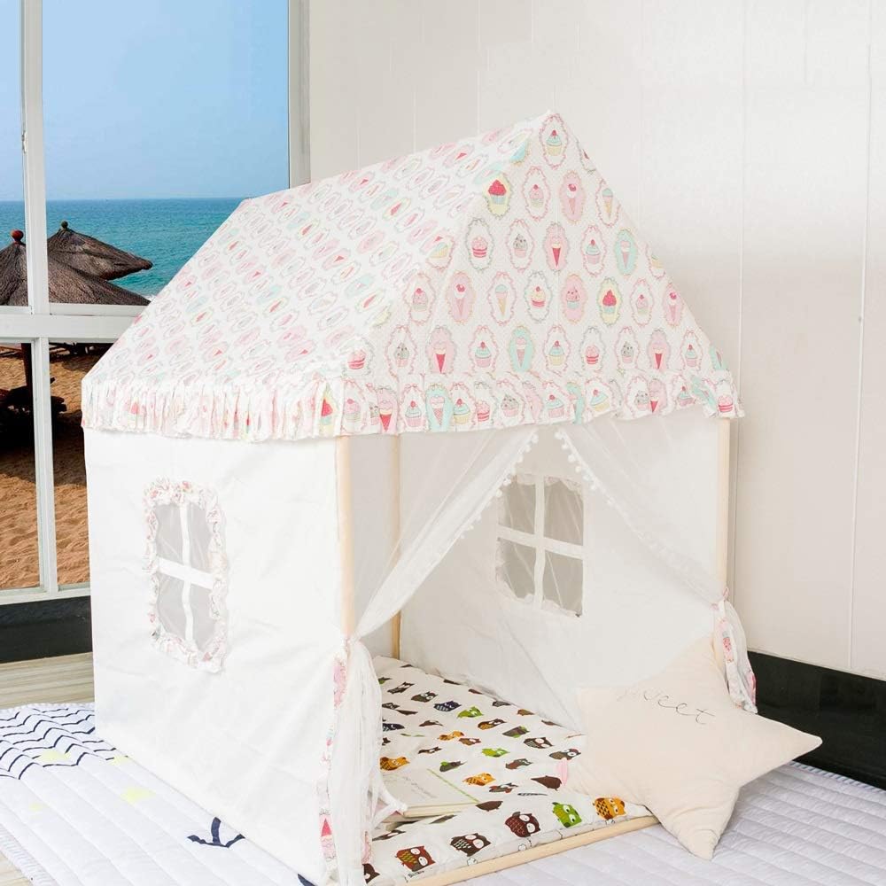 Kibten Creative Cartoon Wooden Kids Playhouse Castle Tent Toddler Children Play Tent Girls Boys Tent Cotton Canvas Teepee Tent Game Toy Room with Windows for Indoor Outdoor Use