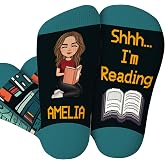 HCRSEVENUS Personalized Reading Socks, Shhh I&rsquo;m Reading - Custom Name Crew Socks for Book Lovers, Women, Girls, Librarians - Fun Birthday or Christmas Gift