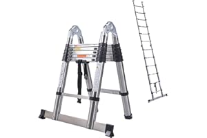 BOWOSHEN 12.5ft Telescoping Extension Ladder A-Frame, Stainless Steel Multi-Purpose Folding Collapsible Ladder with Support Bar and Hinge, 330lbs Max Load, EN131 Certificated, for Indoor Outdoor Household
