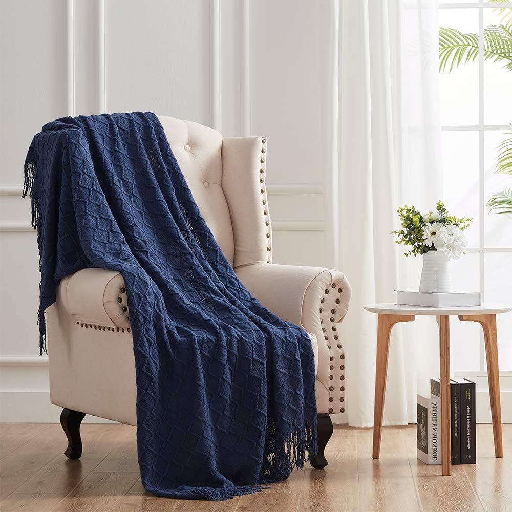SunStyle Home Throw Blanket for Couch Sofa, Decorative Knitted Blanket(50x60inch) with Tassels, Soft Lightweight Cozy Woven Blanket for Women, Men and Adults, Suitable for All Seasons, Navy: Kitchen & Dining