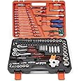 ICOOL 121pcs 1/4", 3/8", 1/2" Drive Socket Set, 6 Pt. 12 Pt. Ratchet Socket Wrench Set with 72-Tooth Quick Released Reversible Ratchet, CR-V Sockets for Home or Automobile Maintenance