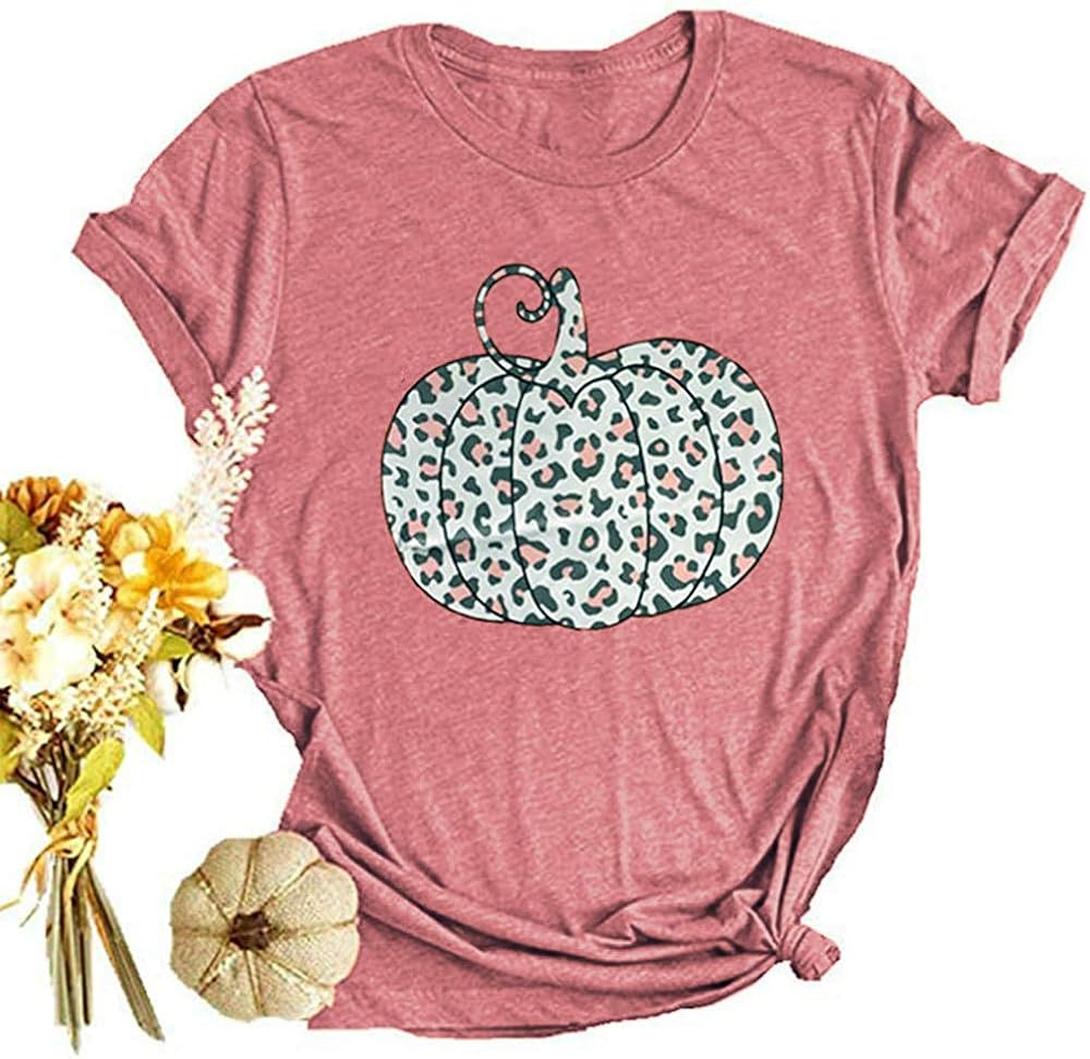 Woffccrd Womens Funny Leopard Pumpkin Printed Shirts Halloween Short Sleeve Graphic Tees Fall T-Shirts Tops: Clothing