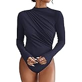 SweatyRocks Women's Bodysuit Mock Neck Casual Ruched Long Sleeve Jumpsuit
