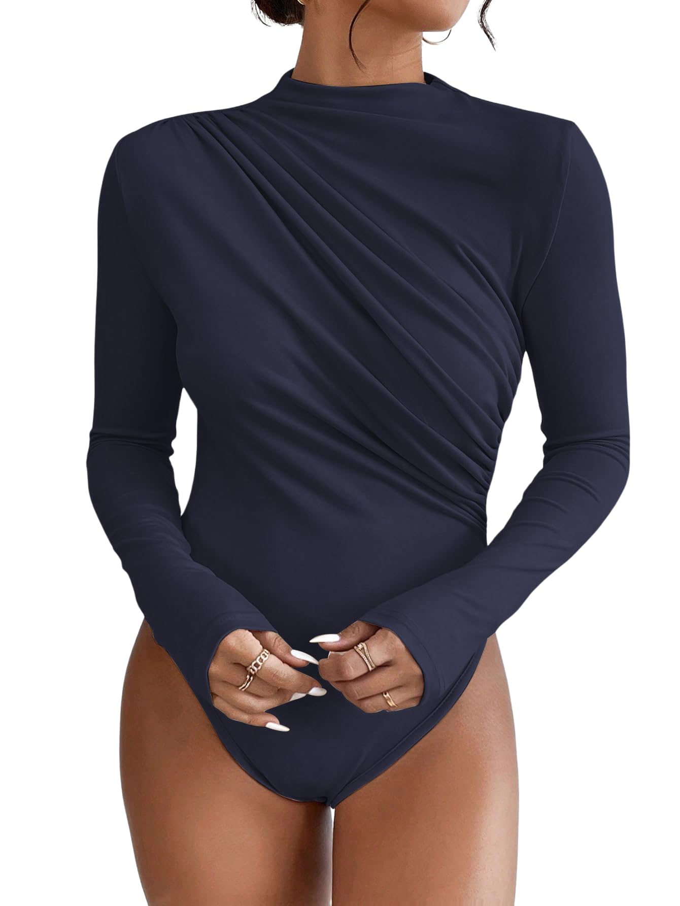 Photo 1 of SweatyRocks Women's Bodysuit Mock Neck Casual Ruched Long Sleeve Jumpsuit Deep Blue Medium