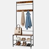 Lovswan Hall Tree Coat Rack with Bench and Shoe Storage, 3-in-1 Entryway Organizer with Top Hook Rail, Wooden Seat and 2-Tier Shoe Rack, Freestanding Coat Rack for Hallway, Bedroom, and doorway