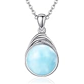 POPLYKE Larimar/Turquoise/Moss Agate/Amber/Rose Quartz/White Opal/Labradorite/Lapis Lazuli Necklace for Women 925 Sterling Silver Round Stone Pendant Necklace Jewelry for Women