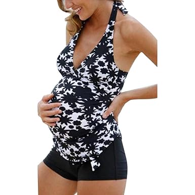 Hibote Damen Umstandstankini Schwarz/Weiß Größe Größen Swimsuit Umstandsbadeanzug Tankini Ober und Unterteil M-XXXXL