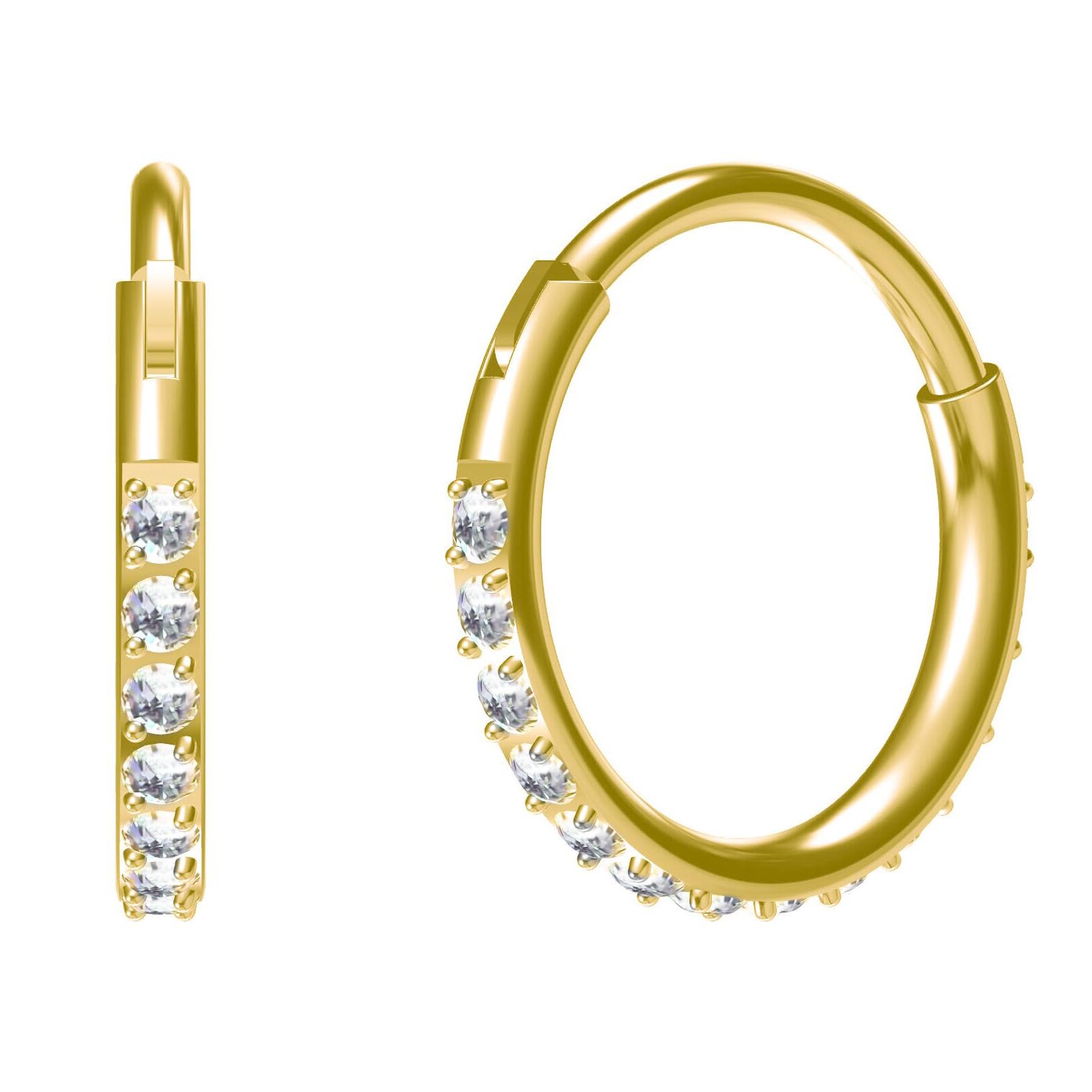 NewkeepsR Steel 20G×10mm Gold Medical Implant Grade Diamante Jeweled Diamond Nose Ring Hoop, Hinged Hypoallergenic Paved Clear Gems Line Orbital Earring Jewellery Piercing for Women — image 1