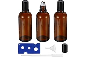 HEYLEAYAR 100ML Roller Bottles for Essential Oil, 3 Pack Empty Amber Glass Roller Bottle for Perfume Oil, Roll on Bottles with Stainless Steel Roller Balls, Opener, Funnel and Dropper
