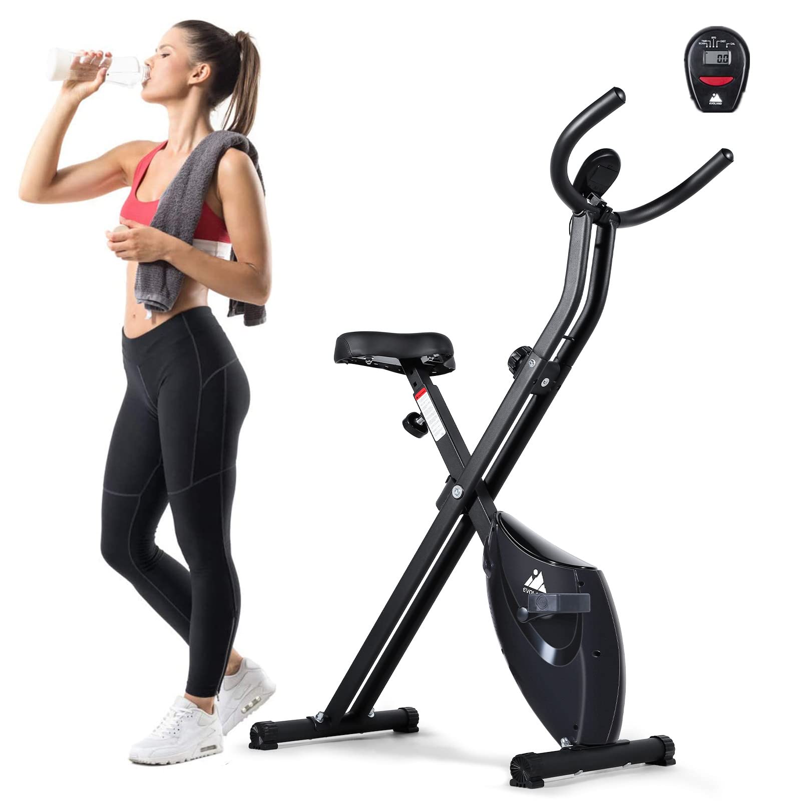 EVOLAND 265LBS Exercise Bike, Foldable Exercise Bike with LCD Display and 8-Level Adjustable Resistance, Max Load for Home Trainer Use, Maximum Weight Recommendation 120 Kilograms, Black