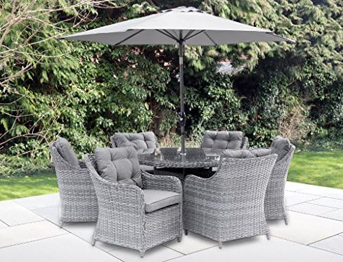 Harts - Heritage Rod Weave 6 Seat Round Dining Set Optional Parasol- Garden patio furniture (Dining Set with Parasol & Cover)