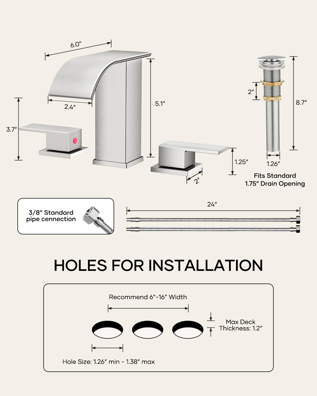 Condition photo showing New/Like New for avsiile waterfall bathroom faucet 3 hole, brushed nickel 8 inch widespread modern 3 piece bathroom s
