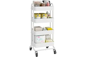 ELITEHOUSE 4-Tier White Rolling Cart,Metal Utility Rolling Cart with Handle,Steel Multifunction Rolling Carts with Wheels,Kitchen Storage Carts Suitable for Office,Home,Kitchen,Garden(13.4"x18.1"x40") White