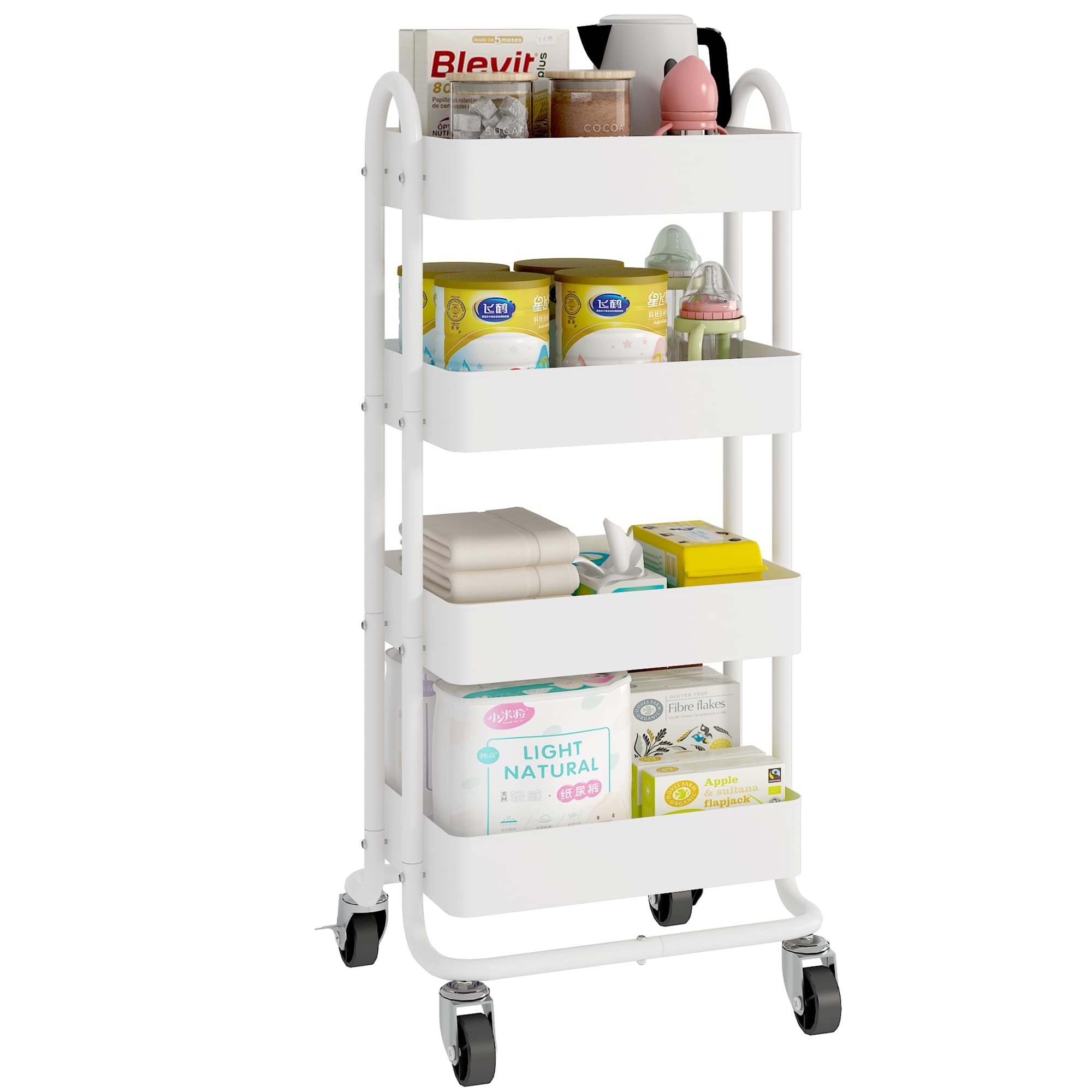 Photo 1 of 4-Tier White Rolling Cart,Metal Utility Rolling Cart with Handle,Steel Multifunction Rolling Carts with Wheels,Kitchen Storage Carts Suitable for Office,Home,Kitchen,Garden(13.4"x18.1"x40") White