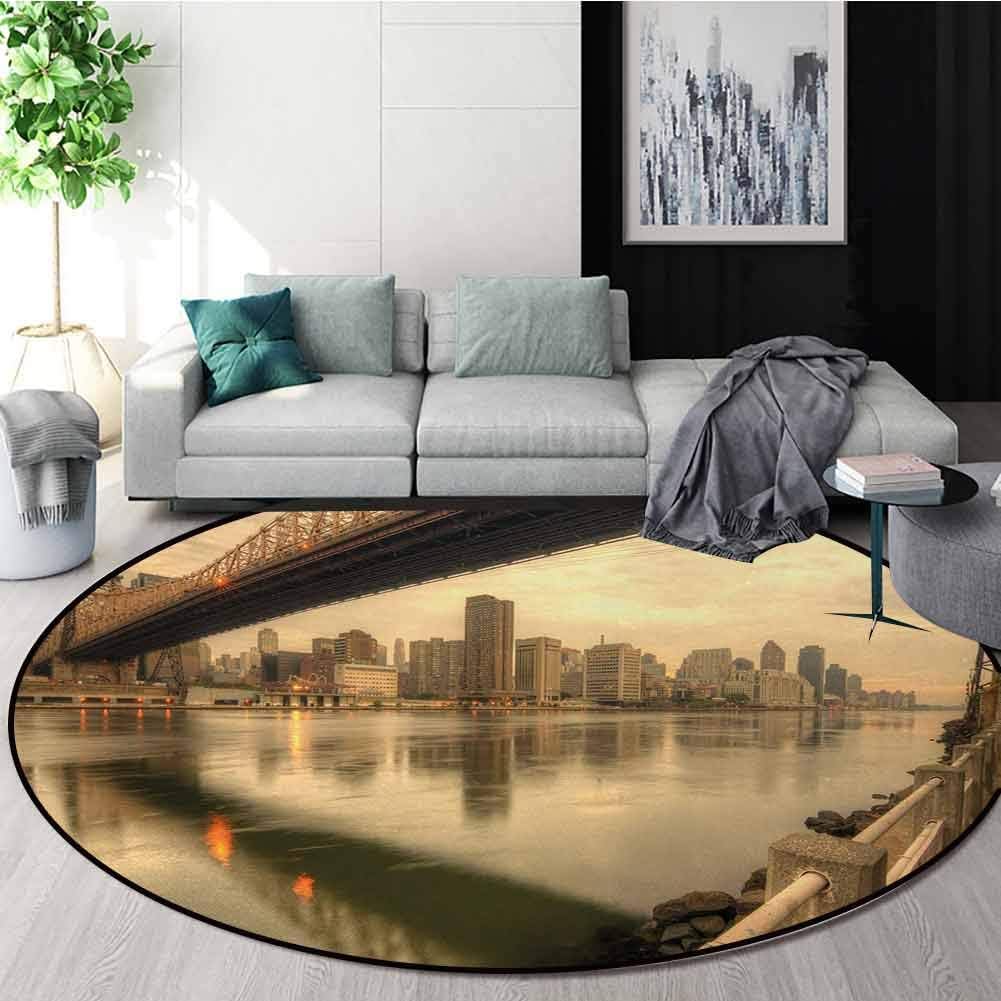 United States Modern Machine Washable Round Bath Mat,Queensboro Bridge Spanning The East River in New York City Serene Scenery Non-Slip Soft Floor Mat Home Decor Round-47 Inch,Tan Egg Shell