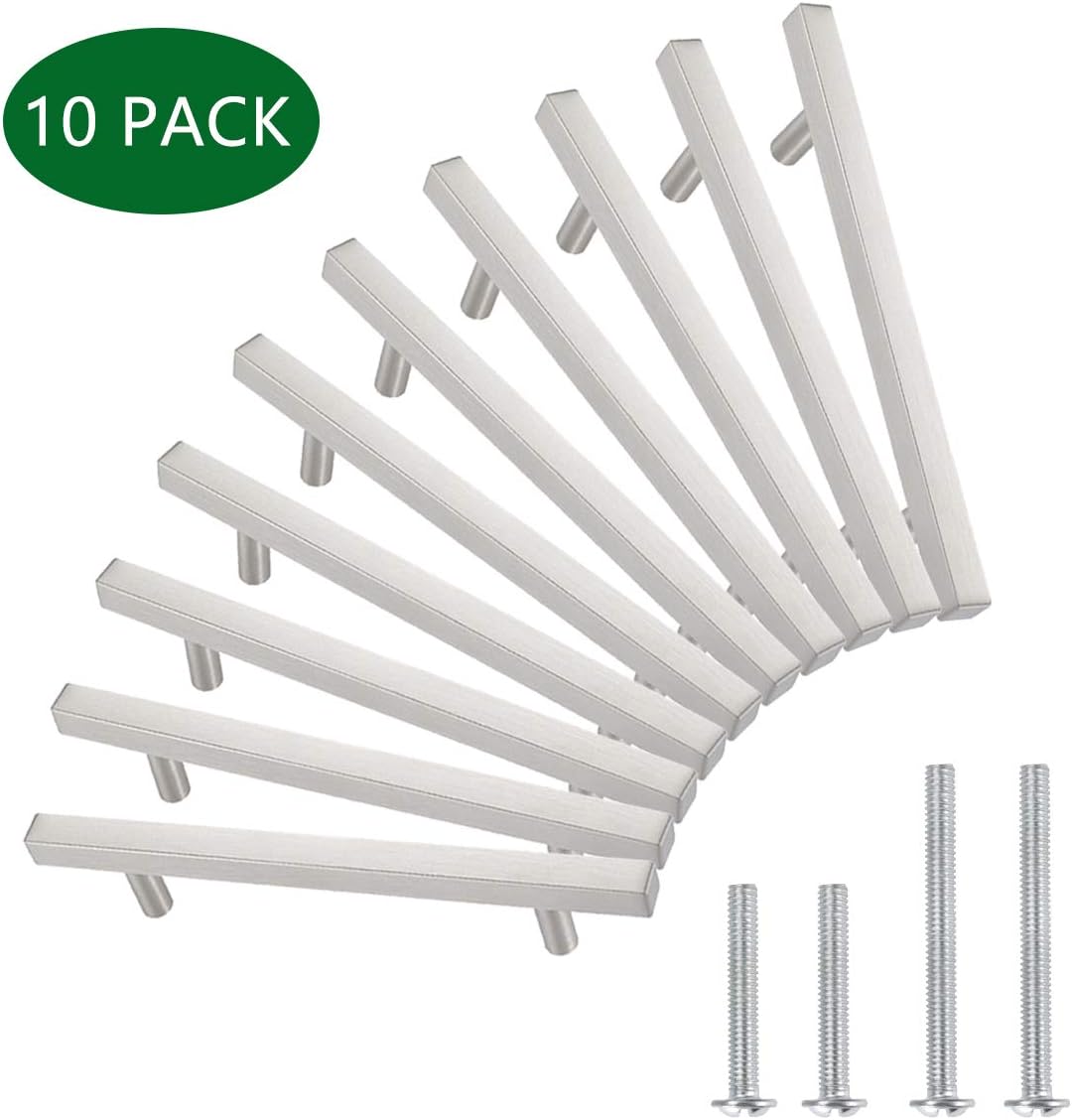 (10 Pack) Euro Bar Cabinet Square Handle, 4" Length (2.5" Hole Center)-Brushed Nickel,YTHD1212BN64-10PTMC