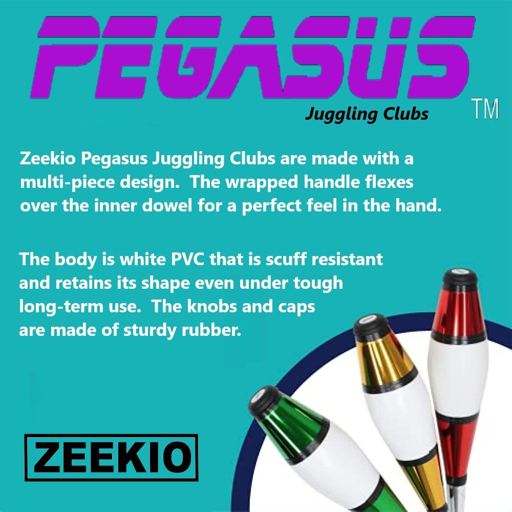 Zeekio - Pegasus Juggling Club Set - Premium Quality - for Beginners, All Levels - Multi-Piece Durable Design - Scuff Resistant - Rubber Knob & Cap - 20.5”L - Set of 3 - Blue, Red & Silver