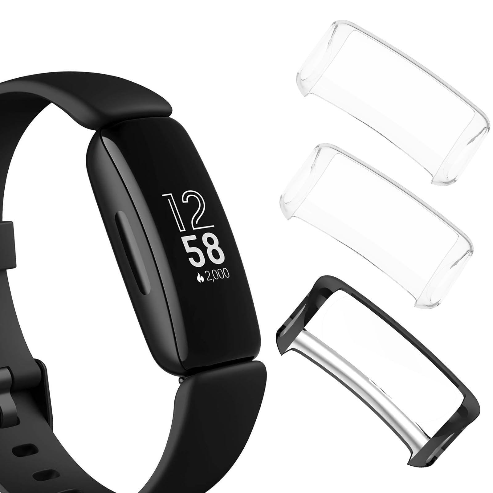 [3Pack] Case for Fitbit inspire 3/inspire 2 Tempered Glass Screen Protector，PC Hard Case Tempered Glass Screen Protection Cover Slim Full Cover Scratch Proof Protector，Black+Transparent+Transparent