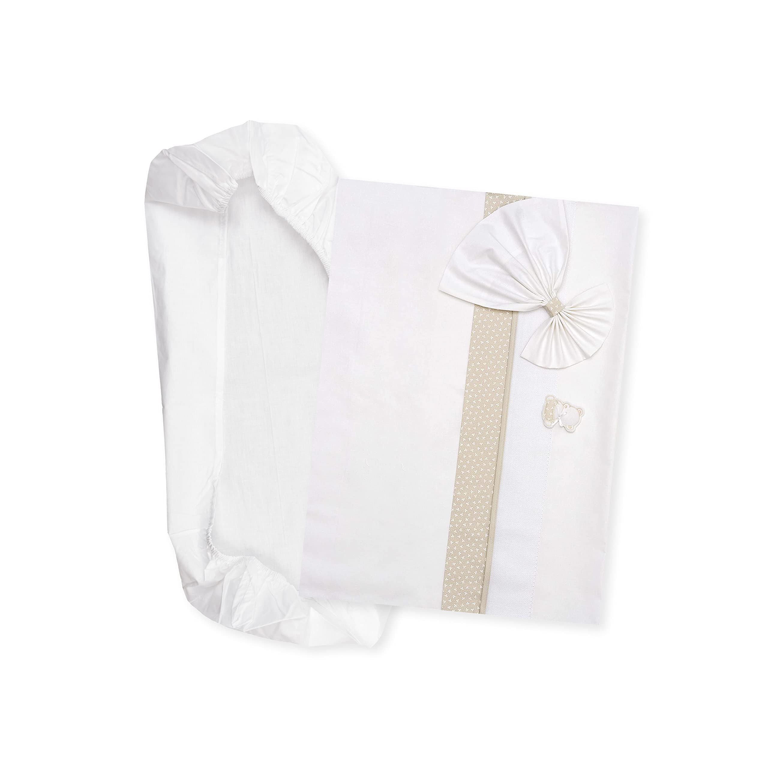 FILET - Baby Carrycot Sheet Set White and Dove grey, Composed of 1 Fitted Sheet with Corners, 1 Top Sheet with Aida Band to Embroider and 1 Pillowcase, 100% Cotton, Made in Italy