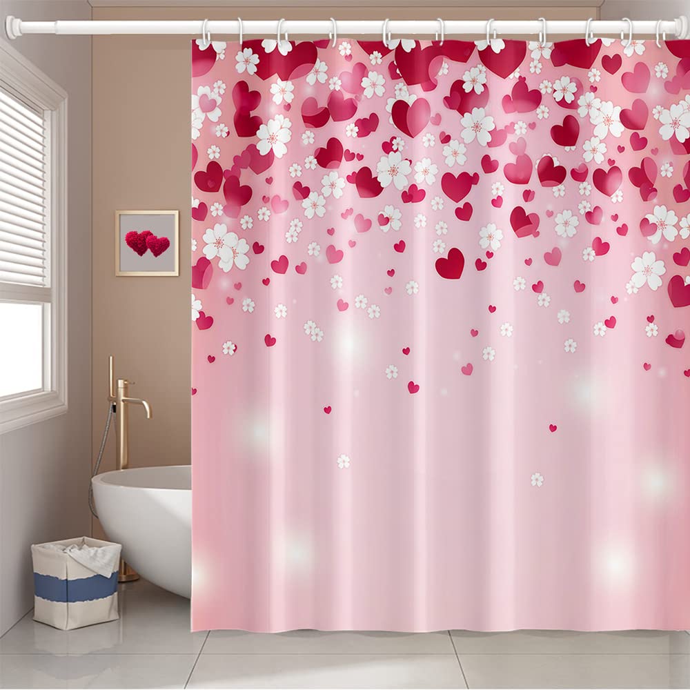 Photo 1 of ** NO HOOKS**
Umpoo 36x72 Inch Happy Valentine's Day Themed Shower Curtain Romantic Red Falling Heart White Cherry Blossom Floral for Bathroom Decor Waterproof Fabric Shower Curtain Sets with Hooks
