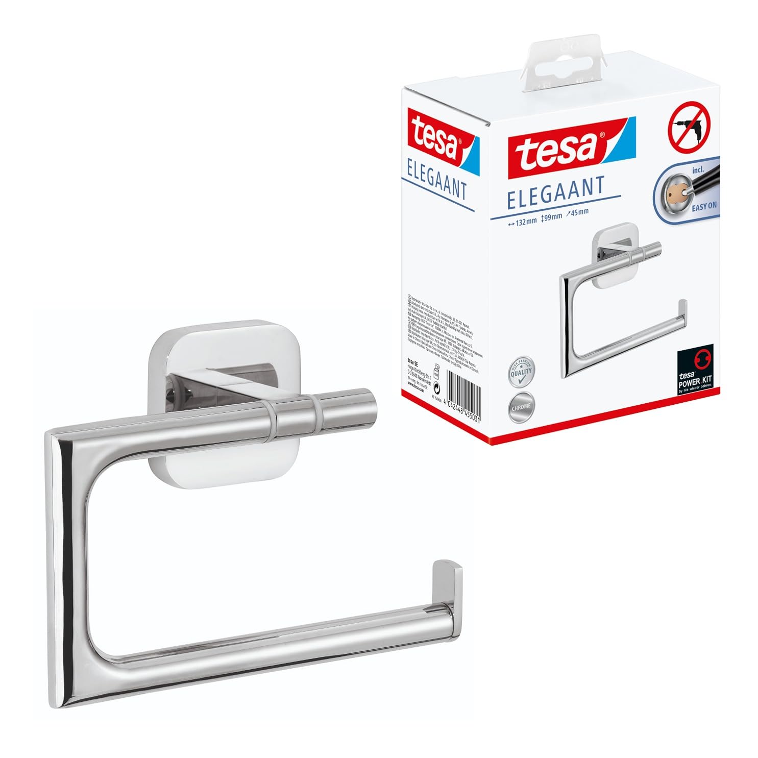 tesa ELEGAANT Toilet Roll Holder Without Lid - Wall-Mounted Toilet Paper Holder with Power.Kit Technology in Stainless-Steel Design - Waterproof, incl. Adhesive Solution - 99mm x 132mm x 45mm