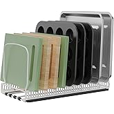 Housolution 1 Pack Baking Tray and Cookie Sheet Organizer, Cutting Board Organizer with 2 Using Methods, Bakeware Muffin Tin Storage Rack with 10 Adjustable Dividers for Cabinet, White