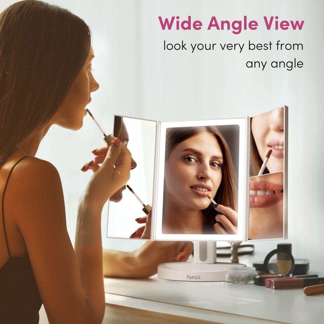 Fancii LED Lighted Vanity Makeup Mirror, Rechargeable Trifold Mirror with 5X & 10x Magnifications - 68 Dimmable Natural Lights, Touch Screen, Best Adjustable Make Up Mirror with Cosmetic Stand