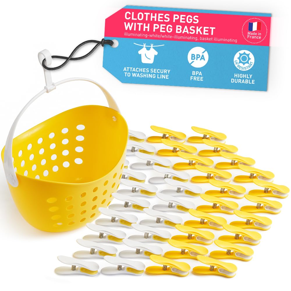 culiclean Clothes Pegs for Washing Line – Clothes Peg and Bag Set with Peg Basket for Washing Line – Washing Peg and Basket with Hanger – 40 Pegs, 1 Holder – illuminating-white/illuminating