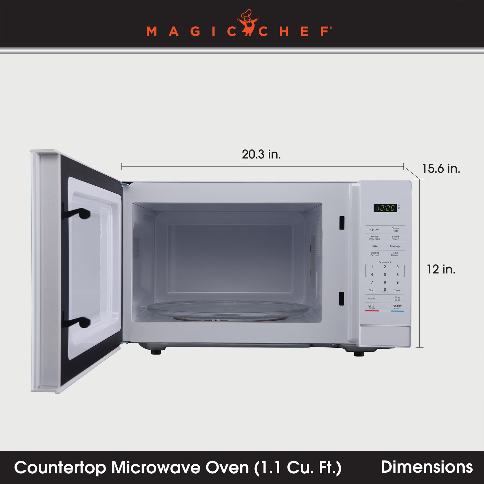 Magic Chef Compact Countertop Microwave Oven, 1,000 Watts, White, 1.1 Cu. Ft. - Digital Kitchen Appliance with One-Touch Cooking, Child Lock, Timer, Reheat, Defrost, and 10 Power Levels