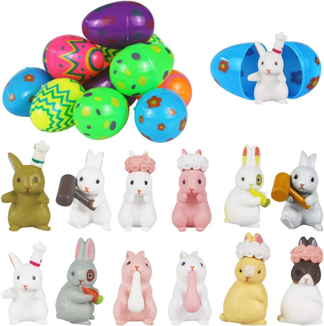 Mitcien 12 Pcs Easter Eggs with Filled Bunny Toys, Easter Eggs with Small Plush Rabbits, Cute Colorful Easter Toys for Easter Decorations Party Supplies Kids Easter Egg Gifts Hunt Filler Stuffer