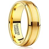 Vakki Gold Tungsten Rings for Men 8mm Double Grooved Wedding Band Brushed Center Polished Edge Domed Size 7-12