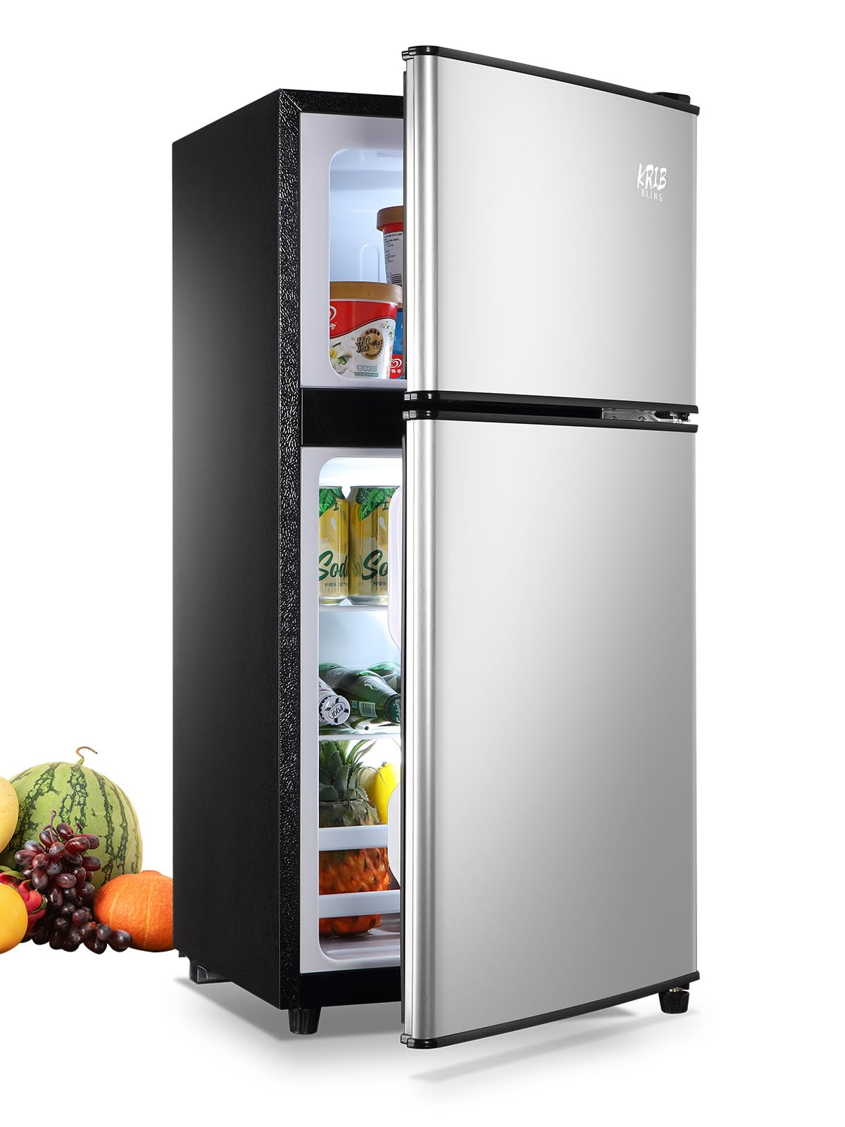 KRIB BLING Mini Fridge With Freezer,Compact Refrigerator With 2 Doors,7- Level Adjustable Thermostat, Removable Glass Shelves For Bedroom, Office, Kitchen, Apartment, Dorm, 3.5 Cu. Ft Silver