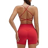 SUUKSESS Women 2 Piece Workout Sets Strappy Sports Bra High Waist Biker Shorts with Pockets