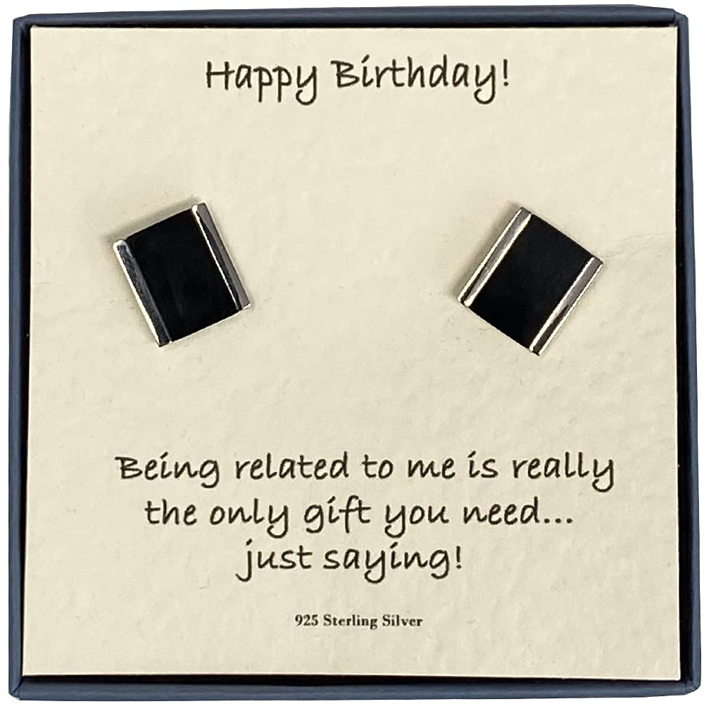 Happy Birthday Men's Classic Rectangular Silver Onyx Lined Cufflinks with Gift Box and Funny Message from Son Daughter Relative