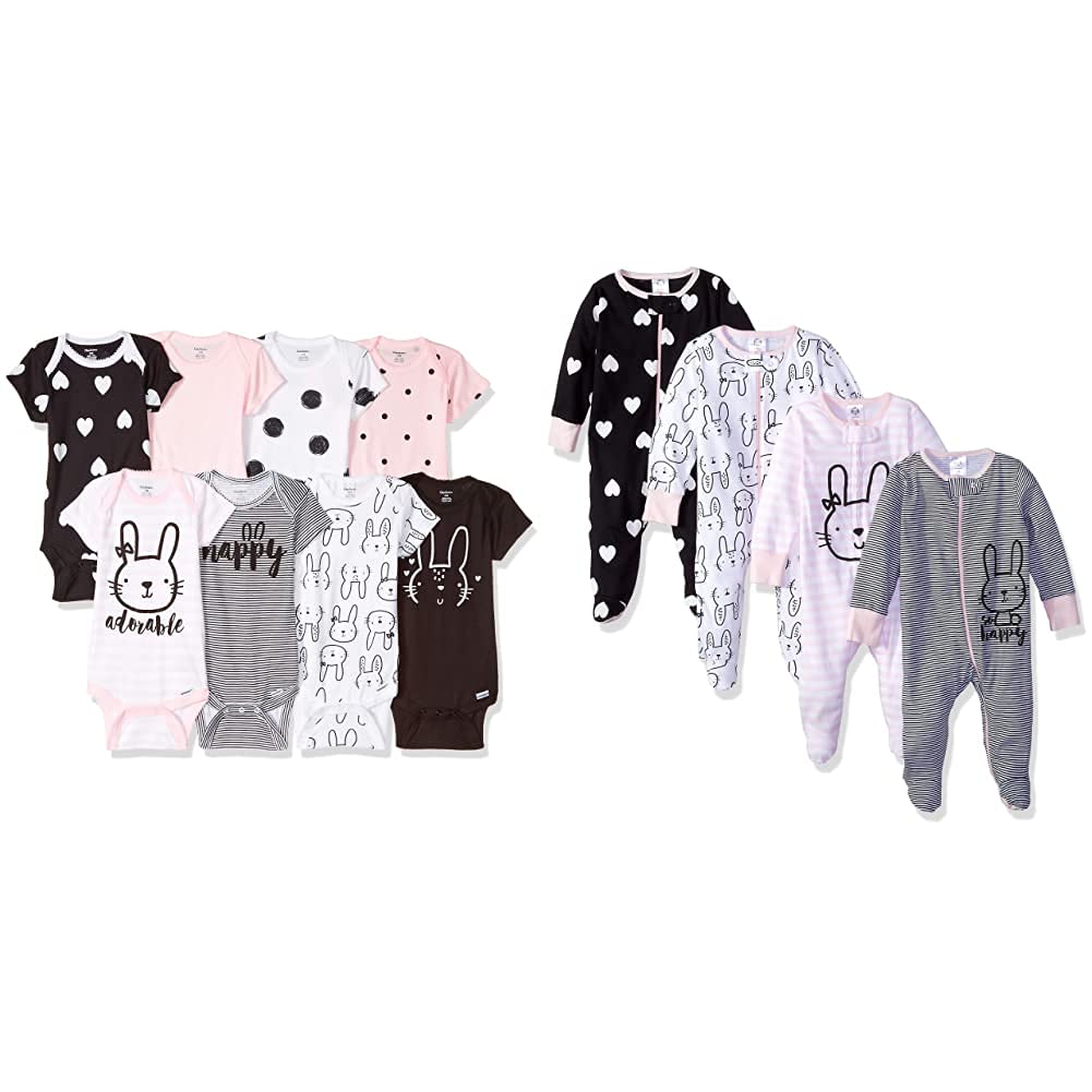 Gerber Baby Girls' 8-pack Short Sleeve Onesies and 4-Pack Sleep 'N Play Clothing Bundle, Bunny, Newborn Image