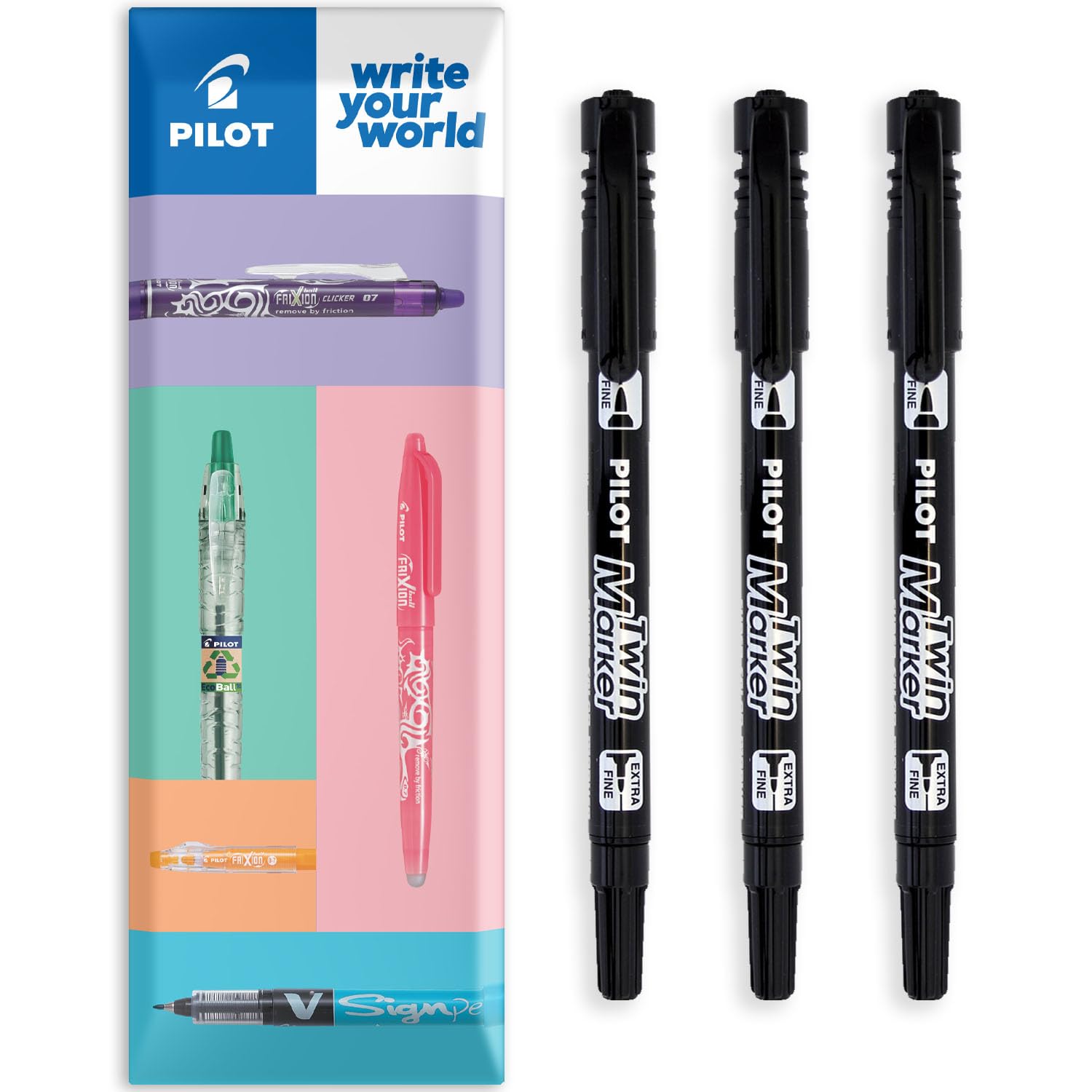 PILOT Twin Marker Pen - Permanent 2-in1 Markers - Fine & Extra Fine Dual Tips - 76% Recycled Begreen Range - In Envelope Gift Packaging (Black, 3 Pack)