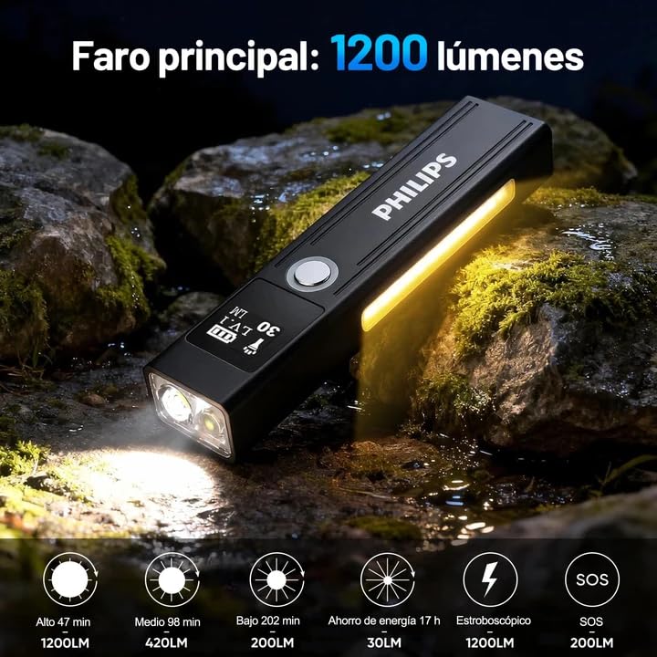 PHILIPS SFL6256 Linterna LED 1200LM Recargable Táctica con Imán | luz RGB, 9 Modos, Impermeable, Linterna LED Recargable y Portátil, Ideal para EDC, Camping y Emergencias.