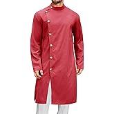 Runcati Mens Kaftan Thobe Button Down Long Sleeve Robe Casual Henley Shirt Cotton Muslim Gown Kurta Tops