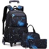 3Pcs Galaxy Boys Rolling Backpack Set with Lunch Bag, Galaxy Print Kids Backpack for Boys with Wheels