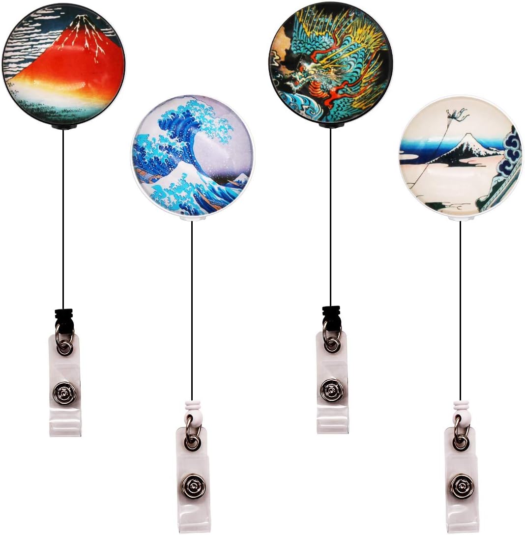 Badge Reel - VOTENVO 24" Retractable Handmade Badge Holder Reel - Elegant Plant Style Creative ID Card Badge Reel with Alligator Clip, 4 Pack (Mountain Dragon Sea)