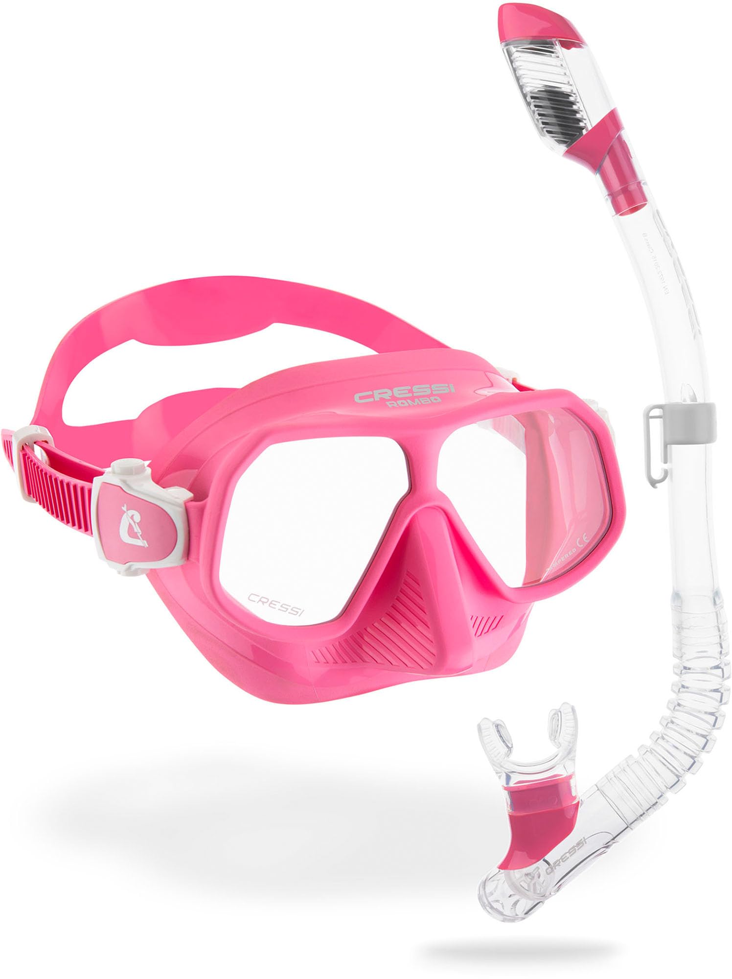 Cressi Rombo + Mini Dry Combo Pink Clear/Pink - Junior Combo Set, Mask Rombo and Mini Dry Snorkel, Transparent/Pink, One Size