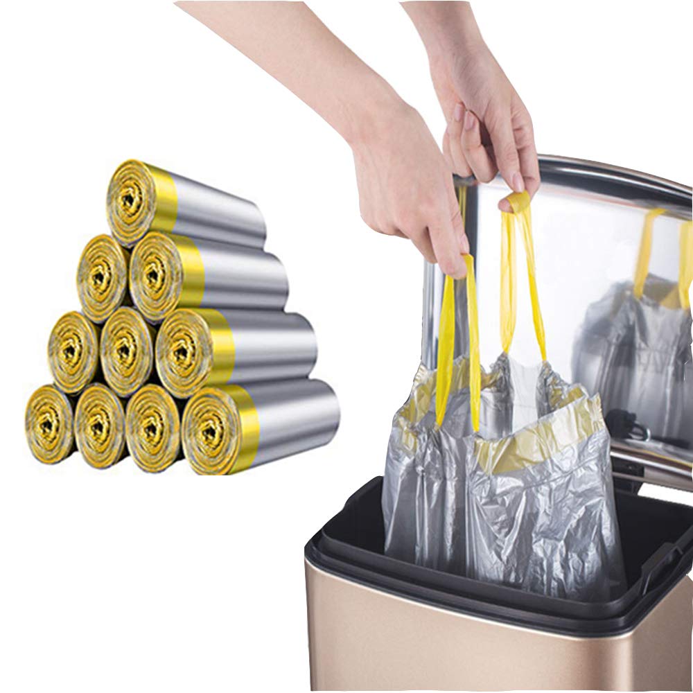RTBQJ-AT 12L Bin Bags, Bin Liners, Drawstring Garbage Bags are Easy to Use and Clean, Small Bin Bags is Colorless and Tasteless, Suitable for Kitchen, Bedroom, etc. (Silver, 150 Bags)