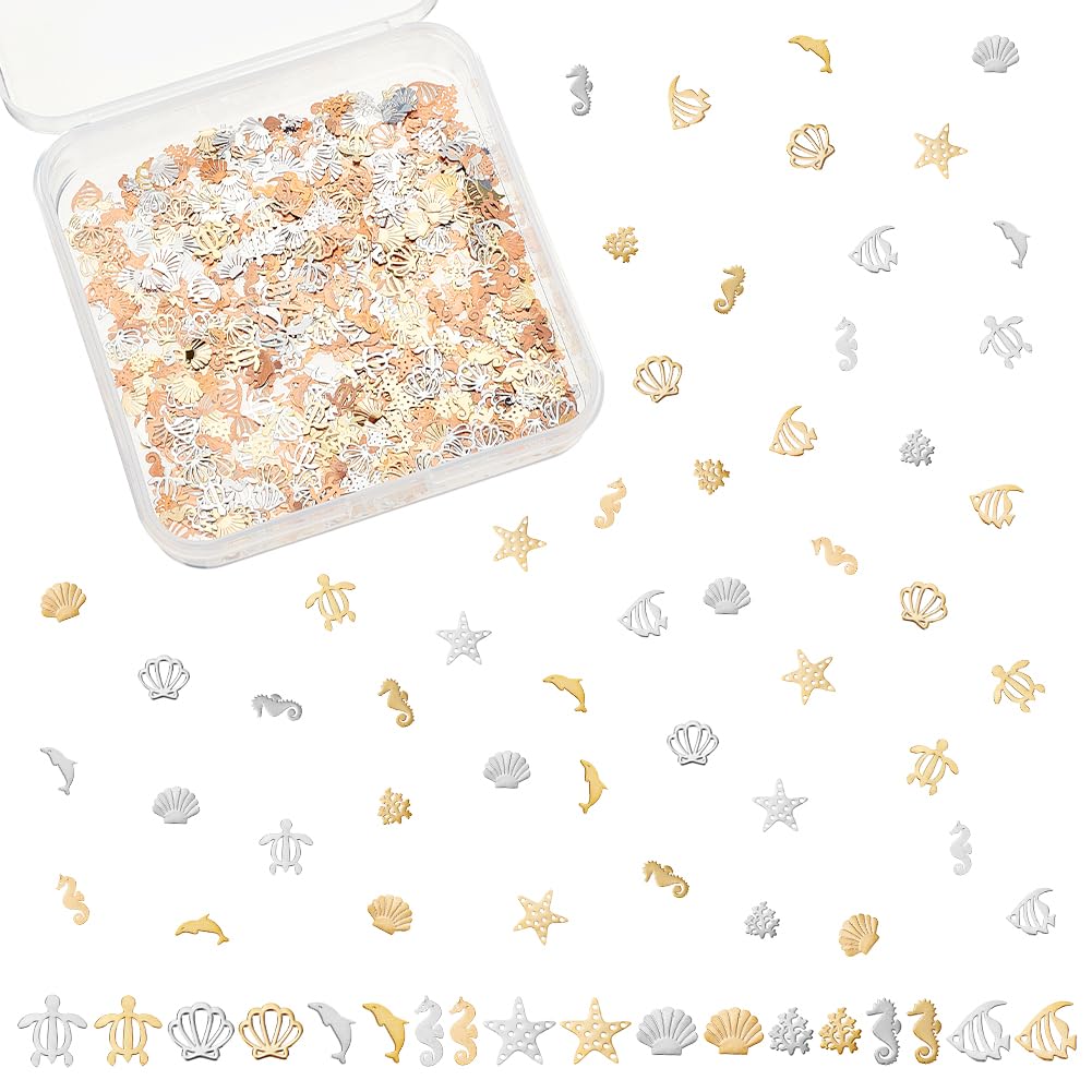 OLYCRAFT 900 Pcs 18 Styles Ocean Theme Resin Fillers Dolphin Turtle Brass Nail Art Charms Starfish Shell Resin Filler for Nail Art Resin Crafting Jewelry Making - Gold/Silver with Rose Gold Back