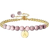Ritach Initial Bracelets for Girls Kids - Pink Zebra Natural Stone Bracelet Real Gold Plated Beaded Bracelets Adjustable Disc Initial Bracelets for Girls Kids Teen Girl Gifts